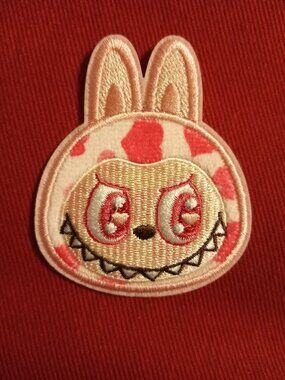pink and white labubu stick on embroidered patch applique